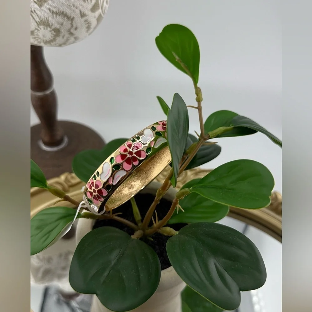 Hand Painted Floral Enamel Bangle with Gold Accents
